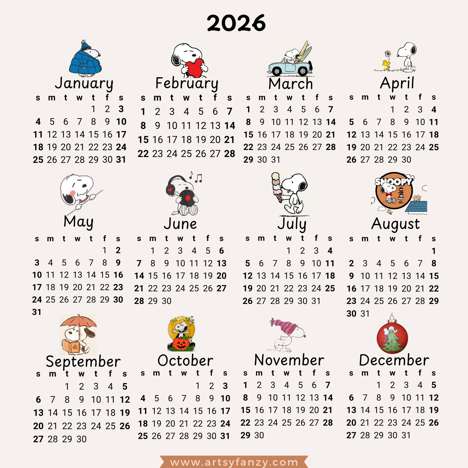 Snoopy Calendar 2026 printable 12" by 12" | 2026 Calendar