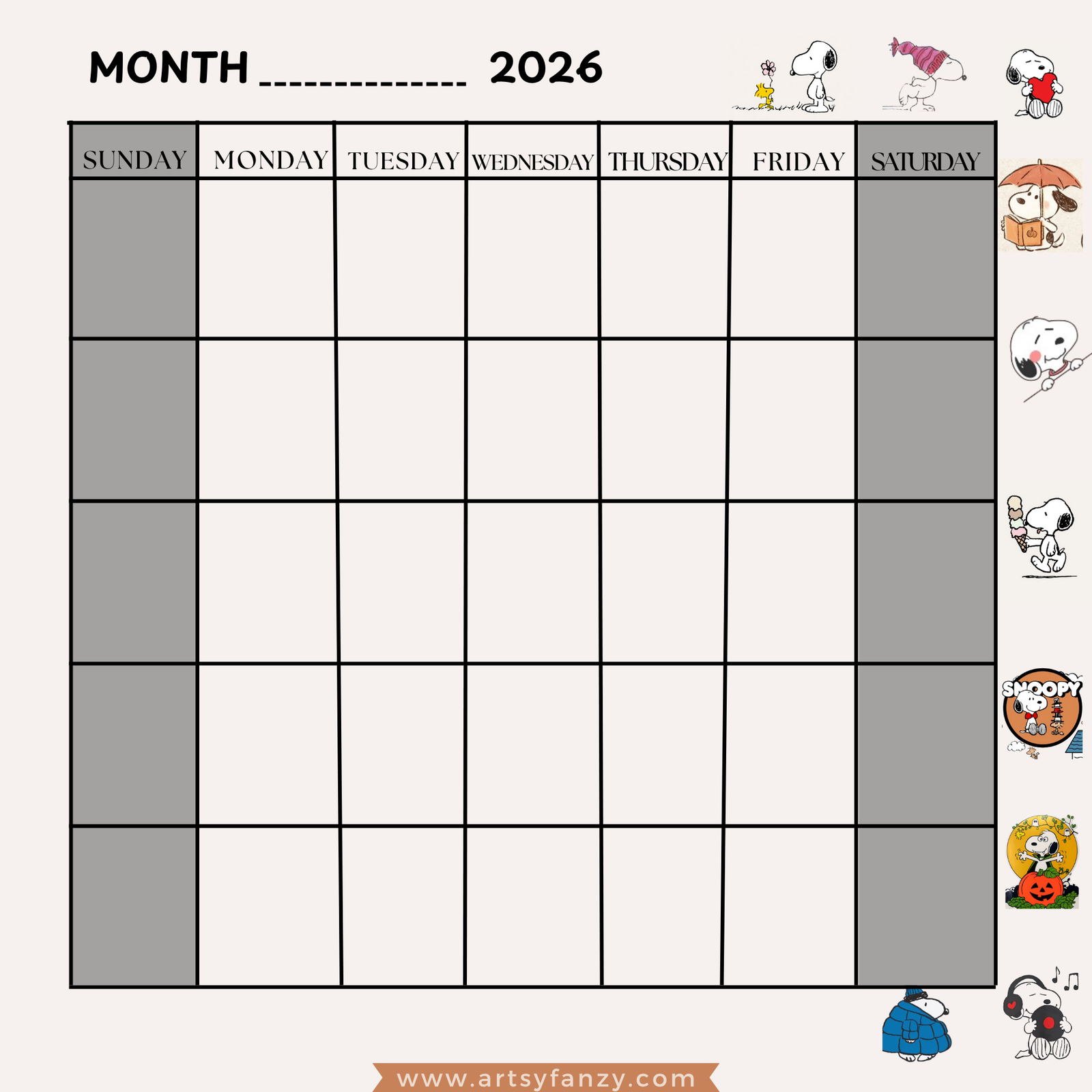Snoopy Calendar 2026 printable 12" by 12" | 2026 Calendar - Image 2